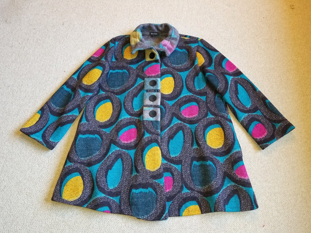 NWOT Womens Sweater/Jacket-DAMEE-teal/multi 'Patch Jacket Art To Wear' knit-XL